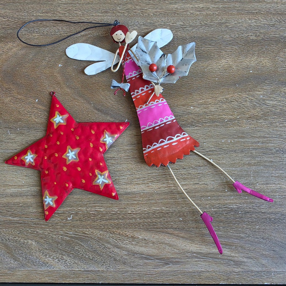 Vintage Rustic Metal Angel & Red Star Christmas Ornaments Whimsical Folk Art